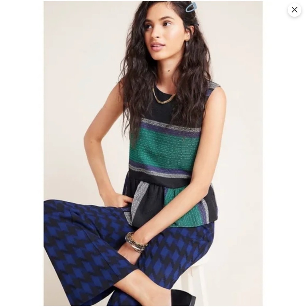 Corey Lynn Calter Anthropologie Woven Striped Peplum Sleeveless Blouse Green S